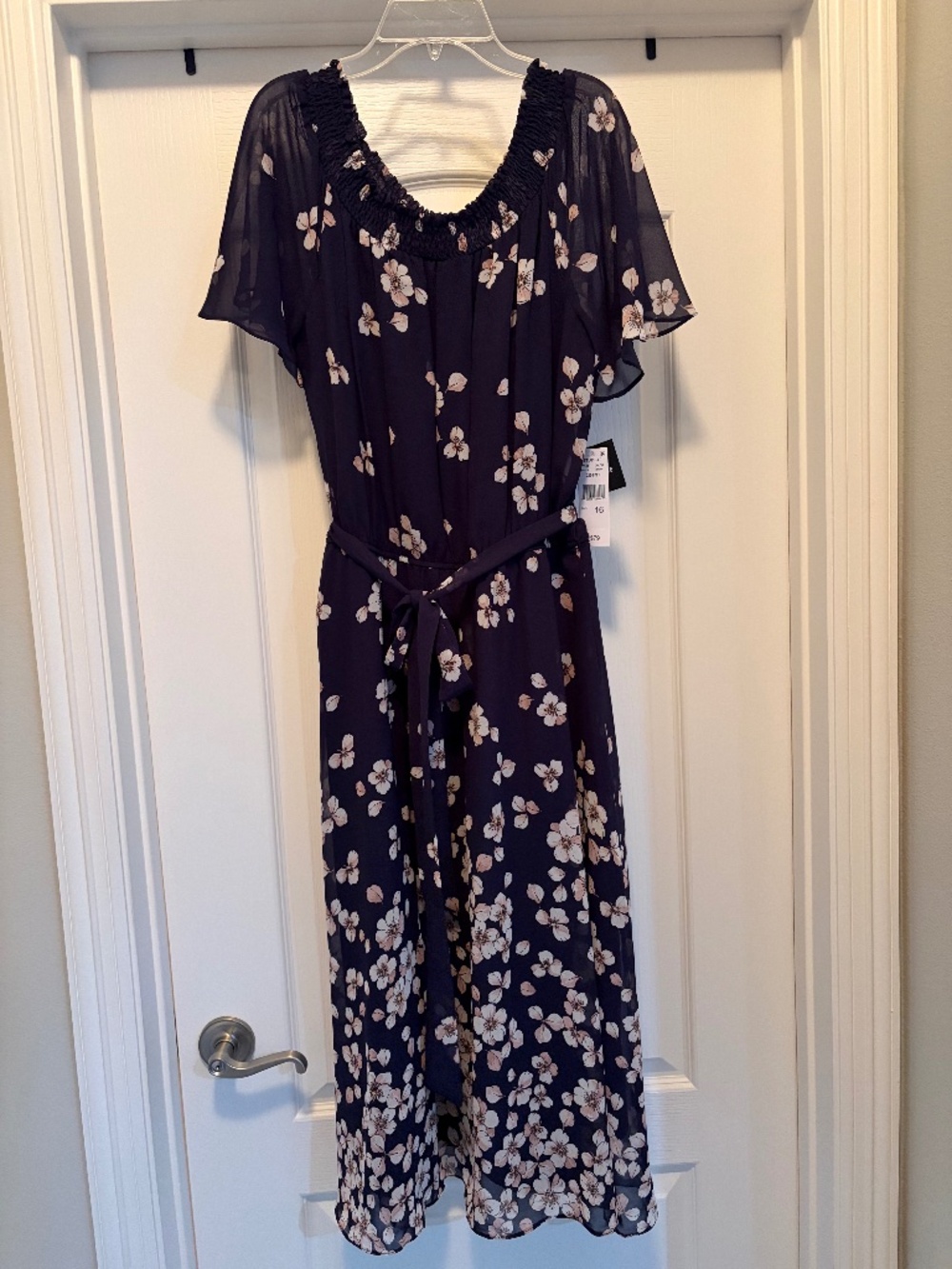NWT Connected Apparel Navy Floral Chiffon Maxi Dress Flutter Sleeve - Size 16